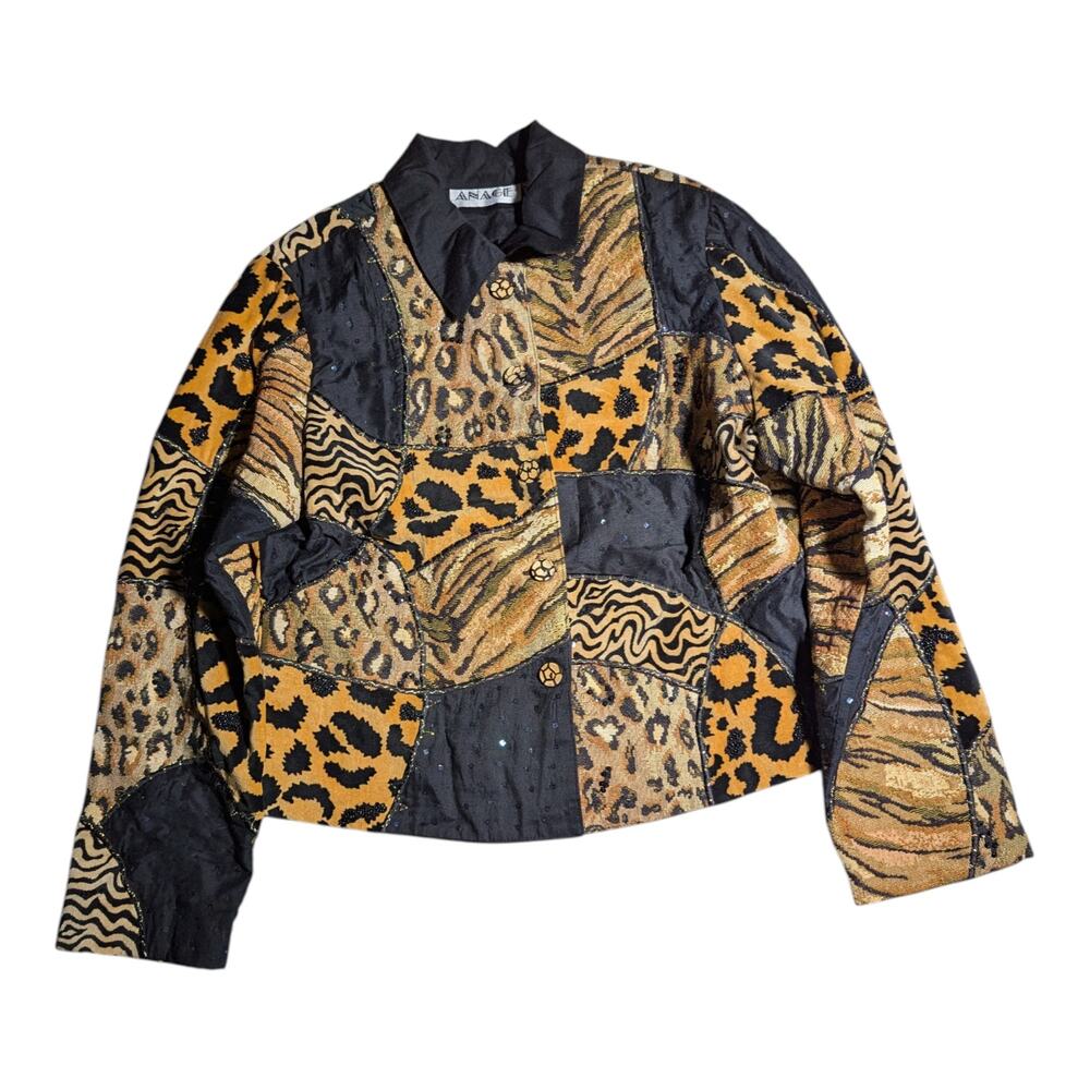 Vtg Y2K Anage Black Leopard Zebra Print Patchwork Cotton Blend Jacket Sz L